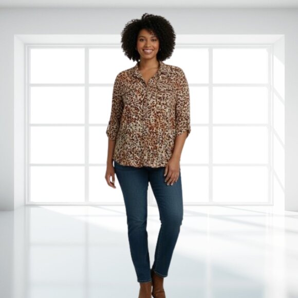 Emily Daniels Animal Print Button Down Top - Sequins - Lightweight - Size 1X - Picture 1 of 13
